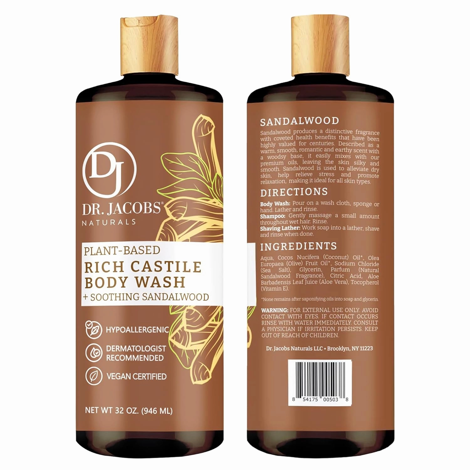 Dr. Jacobs Naturals Castile Sandalwood All-Natural Body Wash for Moisturizing Dry and Sensitive Skin with Plant-Based Ingredients with Pump - 32 Ounce