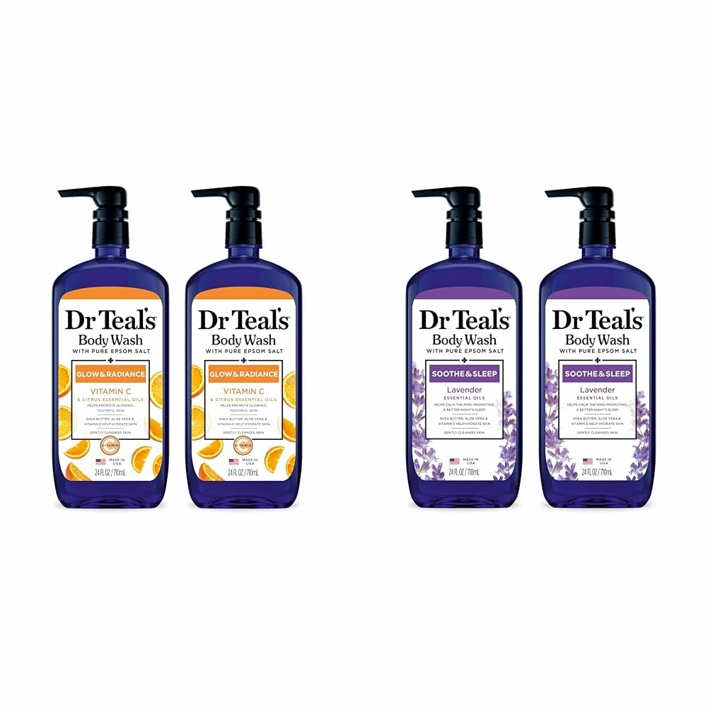 Dr Teal's Body Wash Bundle with Pure Epsom Salt, Glow & Radiance with Vitamin C & Citrus Essential Oils, 24oz (Pack of 2) and Soothe & Sleep with Lavender, 24 fl oz (Pack of 2)