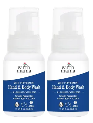 Earth Mama Wild Peppermint Hand & Body Wash | Foaming Castile Soap Liquid and Hand Soap, Made with Organic Wild Mint & Peppermint Oil, 5.3 fl oz (2-Pack)