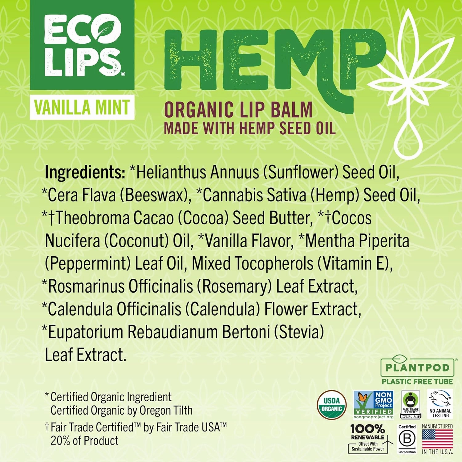 Eco Lips Organic Hemp Lip Balm with Beeswax, Coconut Oil, Vitamin E. Best Lip Balm to Soothe & Moisturize Dry, Chapped Lips (Vanilla Mint, 6-Pack)