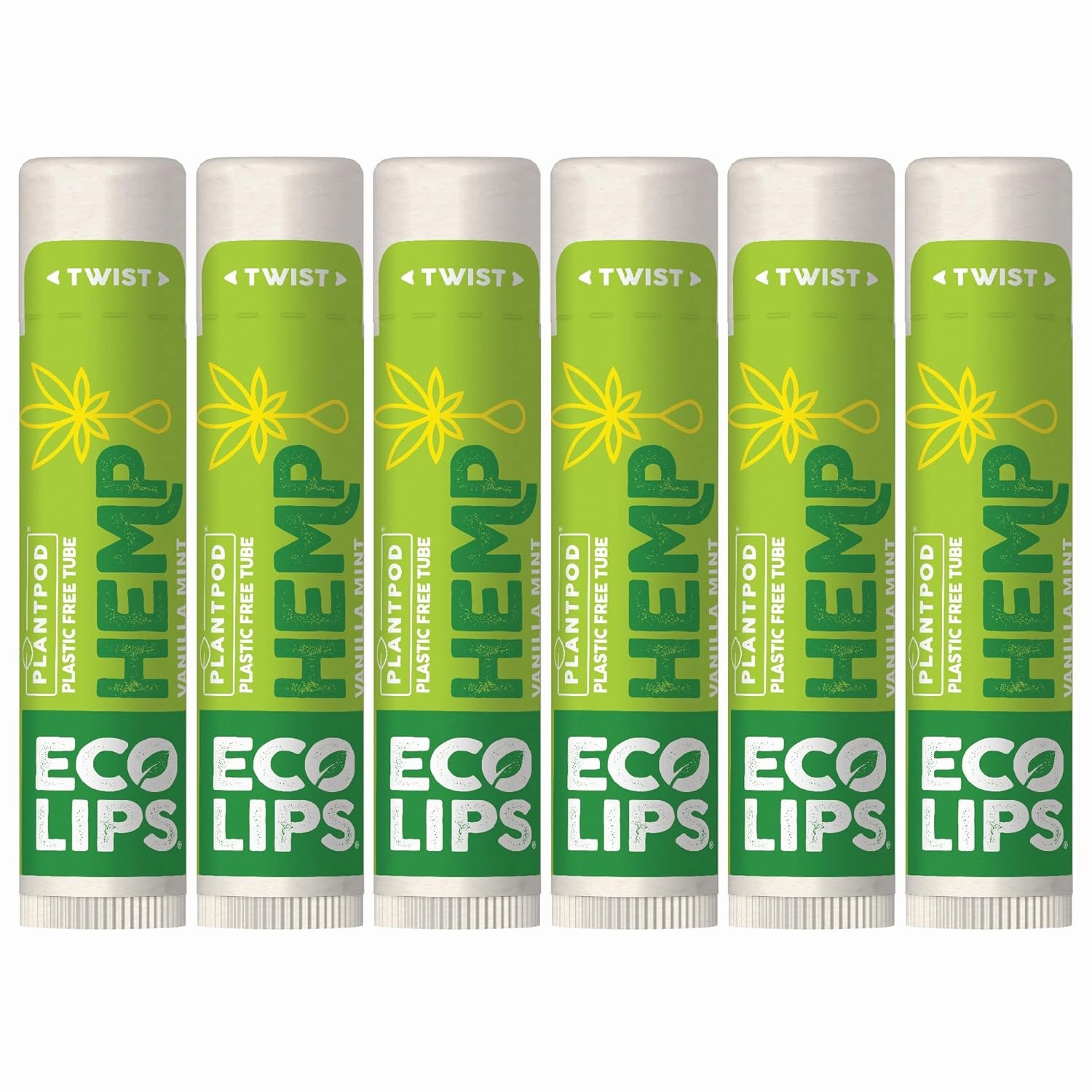 Eco Lips Organic Hemp Lip Balm with Beeswax, Coconut Oil, Vitamin E. Best Lip Balm to Soothe & Moisturize Dry, Chapped Lips (Vanilla Mint, 6-Pack)
