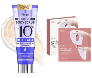 Elvira KP Bump Eraser Scrub & Bio-Collagen Face Mask Bundle – Exfoliating Scrub with AHA BHA & Hydrating Face Mask – Smooth, Moisturized Skin, Korean Skincare, Firming & Moisturizing – 4 Masks   Body