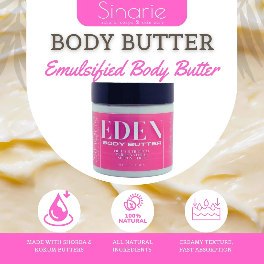 Emulsified Body Butter - Luxurious Moisturizing Lotion with Shorea, Squalane, Coconut Oil & Kokum Butter, 4 oz (4 oz., Eden - Fruity & Tropical)