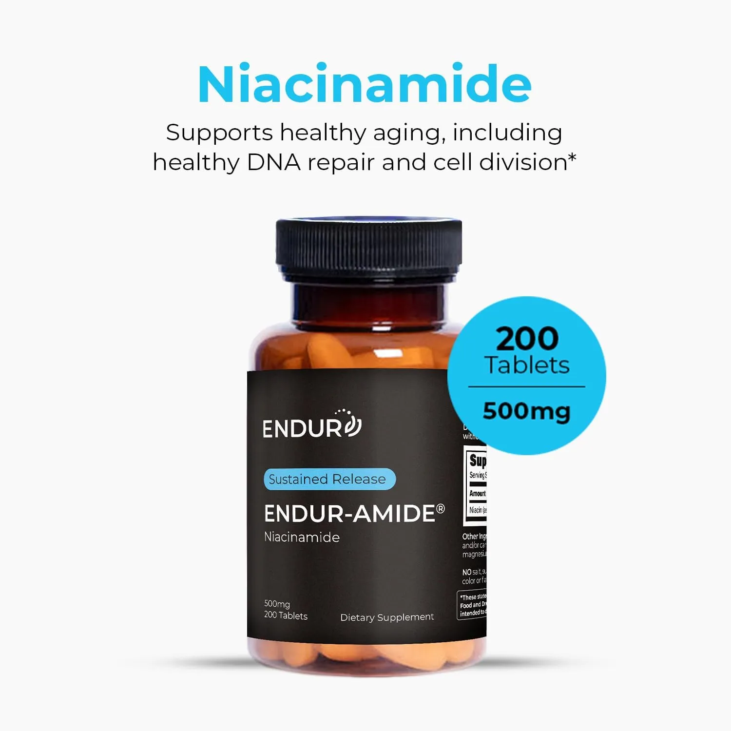 Endur-Amide NAD  Niacinamide Vitamin B3, Flush-Free for Optimal Absorption, Energy Supplements for Men and Women, Vitamin B3 Niacinamide 500mg, 200 Tablets