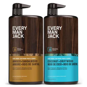 Every Man Jack Coconut   Driftwood & Amber   Sandalwood Mens Body Wash for All Skin Types - Cleanse, Hydrate, and Smell Great - Free of Parabens, Phtalates, and Dyes - 33.8 fl oz (2 Pack)