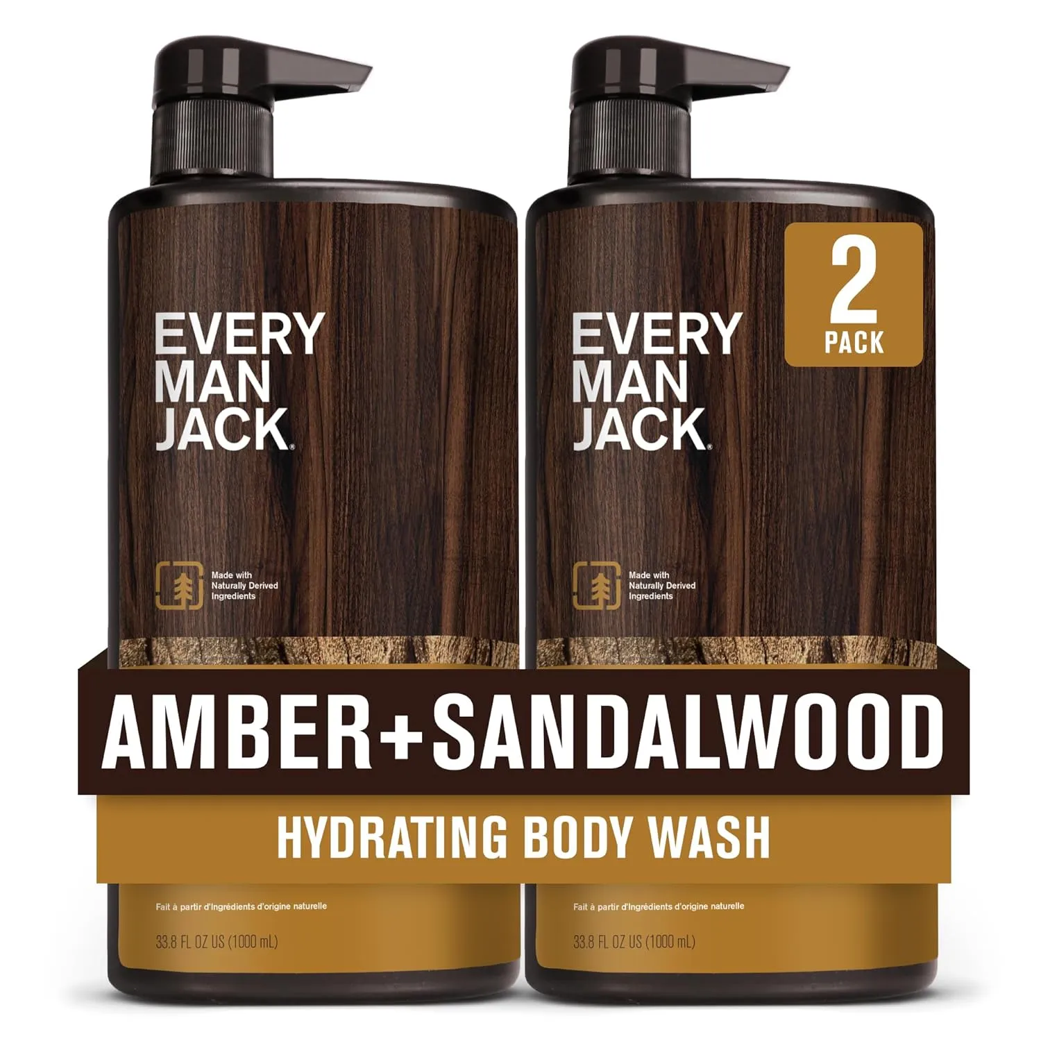 Every Man Jack Nourishing Amber   Sandalwood Mens Body Wash for All Skin Types - Cleanse, Nourish, and Hydrate Skin with Naturally Derived Coconut, Glycerin - 33.8 fl oz - 2 Bottles