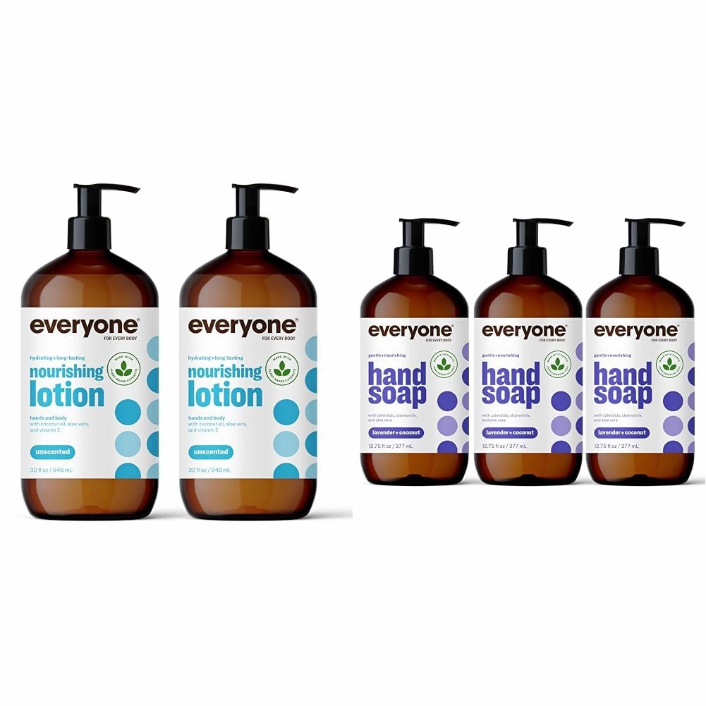 Everyone Hand and Body Lotion 2 Pack and Liquid Hand Soap 3 Pack Bundle, Unscented and Lavender Coconut Scents