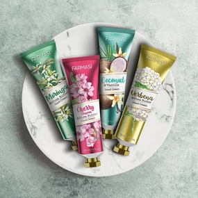 FARMASi Hand Cream Bundle – Cherry Blossom & Shea Butter, Almond & Milk, Coconut & Vanilla, Moringa Shea – Moisturizing & Hydrating, Each 30 ml / 1 fl.oz