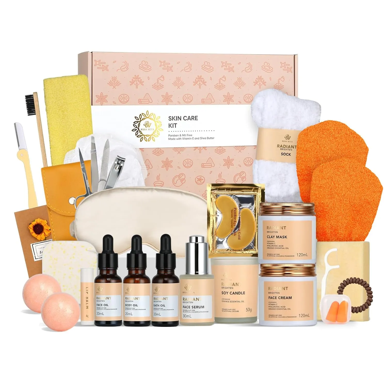 Fathers Day Gifts, Skin Care Set for Women & Men - Rosa Acca 28pcs Facial Kit at Home, Birthday Gifts Orange Vitamin C, Spa Gift Baskets for Women, Face Cream, Bath Oil, Mothers Day, Christmas, Dad