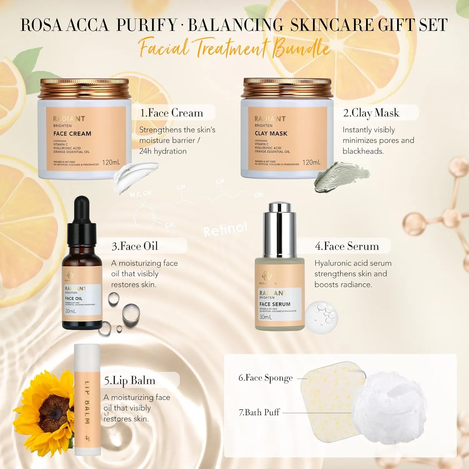Fathers Day Gifts, Skin Care Set for Women & Men - Rosa Acca 28pcs Facial Kit at Home, Birthday Gifts Orange Vitamin C, Spa Gift Baskets for Women, Face Cream, Bath Oil, Mothers Day, Christmas, Dad