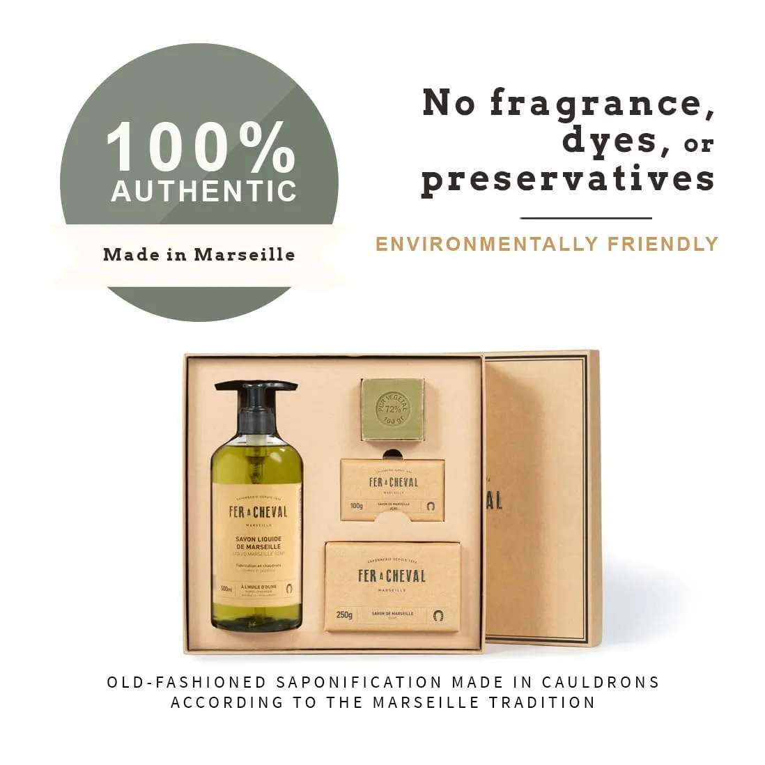 Fer à Cheval Pure Olive Authentic Gift Set | Liquid Marseille Soap 500ML/16.9 Fl Oz, Savon De Marseille Soap Bar 250g/8.82oz and 100g/3.53oz Set | Natural and Hypoallergenic French Pure Olive Oil Soap