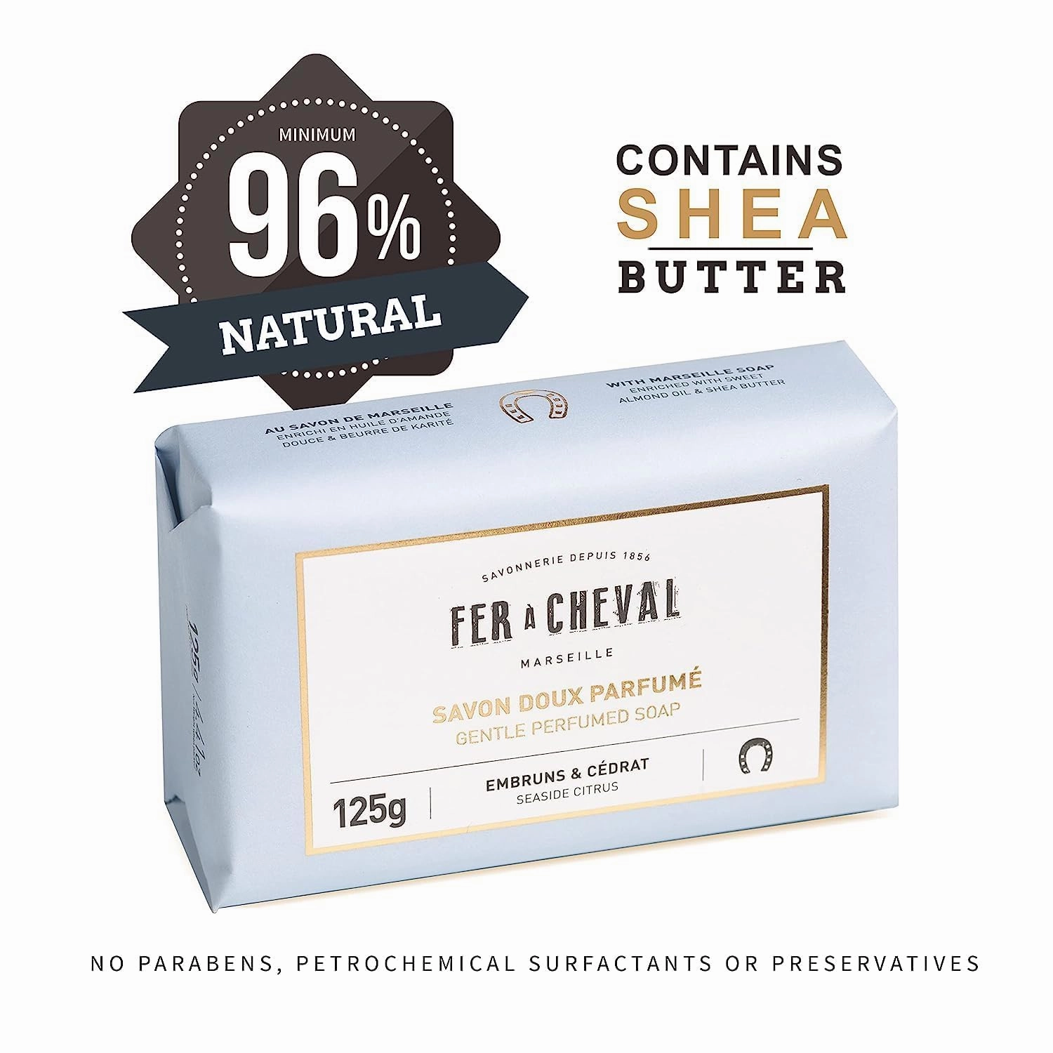 Fer à Cheval Gentle Perfumed Soap Bar, Organic Body Bath Soap Natural Soap Bar, Seaside Citrus Soap 125g, Pack of 2