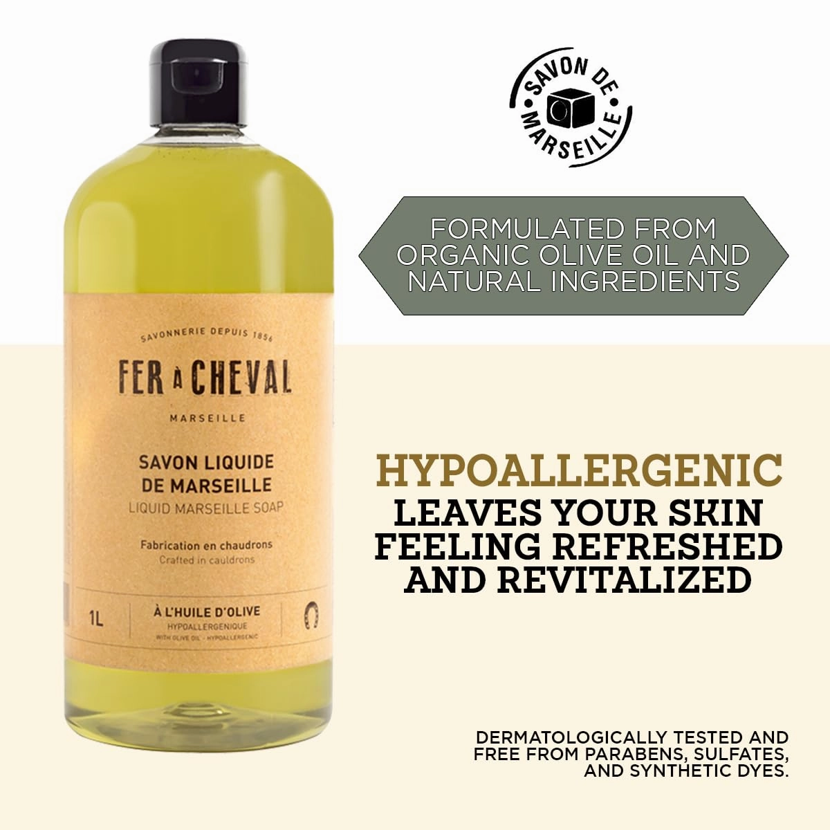 Fer à Cheval Olive Oil Marseille Liquid Soap 1L/33.81 fl oz - Hypoallergenic, Natural Ingredients, Eco-Friendly Body & Hand Wash