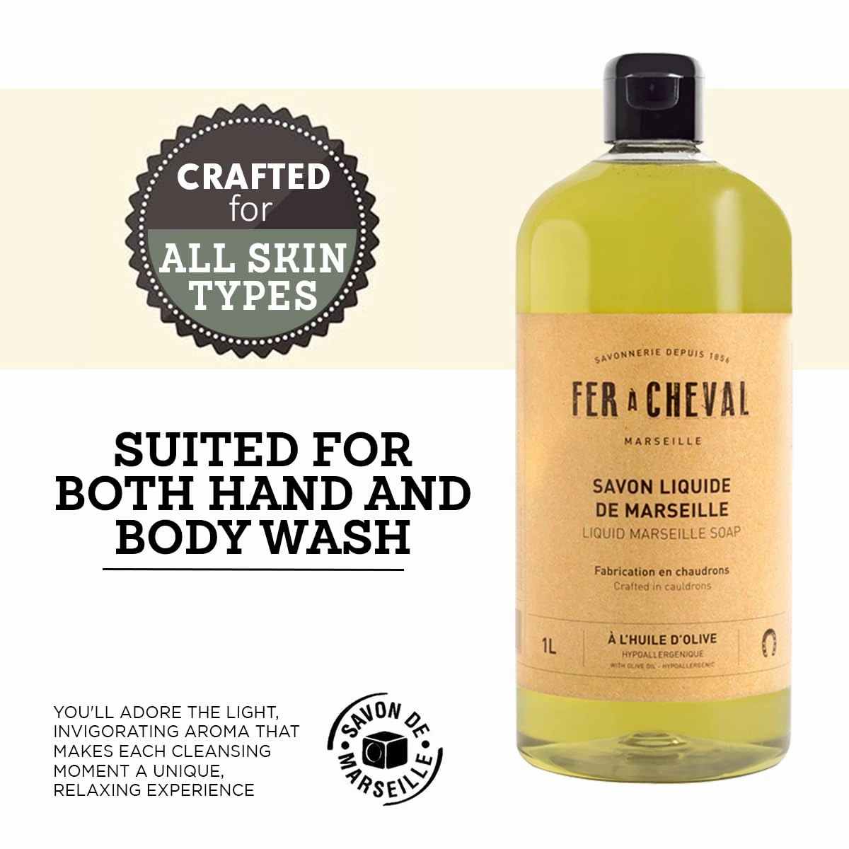 Fer à Cheval Olive Oil Marseille Liquid Soap 1L/33.81 fl oz - Hypoallergenic, Natural Ingredients, Eco-Friendly Body & Hand Wash