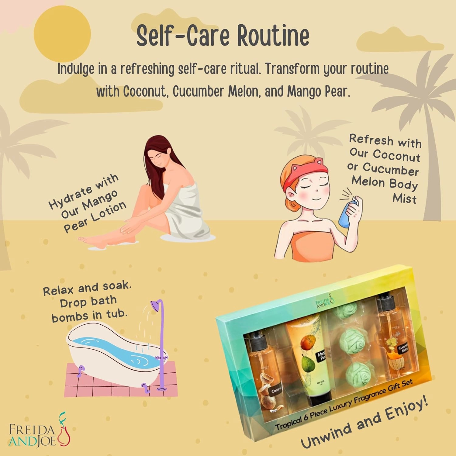 Fine Fragrance Body Mist & Body Splash Gift Set – Luxury Self-Care Combo for Women and Girls (Coconut, Cucumber, Mango Pear w/ Bath Fizzer, Bath Bomb)