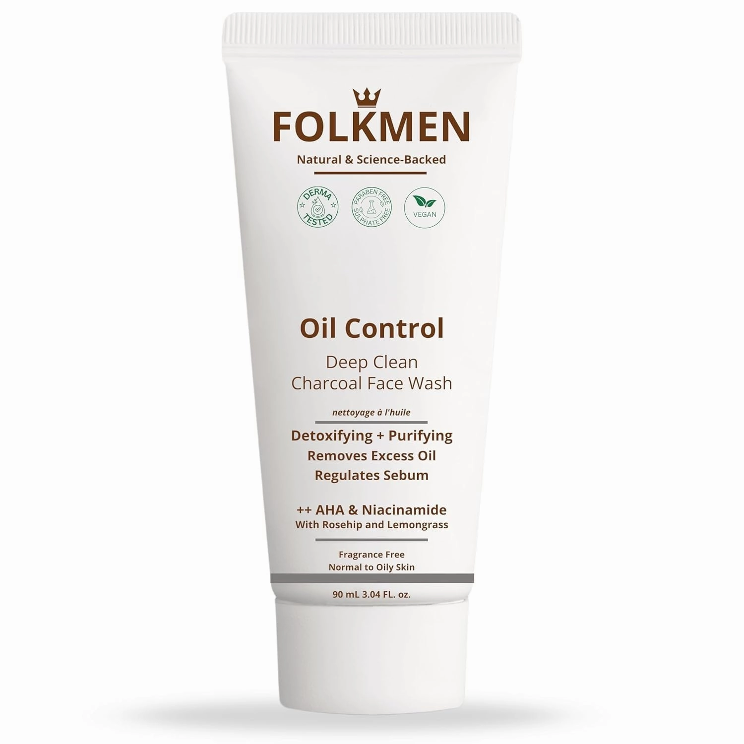 FolkMen Oil Control Deep Clean Charcoal Face Wash for Men | Improves skin tone & Detoxify | Niacinamide & Glycolic Acid|Oily & Acne-prone Skin|100% Vegan|90 ml