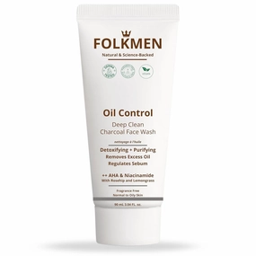 FolkMen Oil Control Deep Clean Charcoal Face Wash for Men | Improves skin tone & Detoxify | Niacinamide & Glycolic Acid|Oily & Acne-prone Skin|100% Vegan|90 ml
