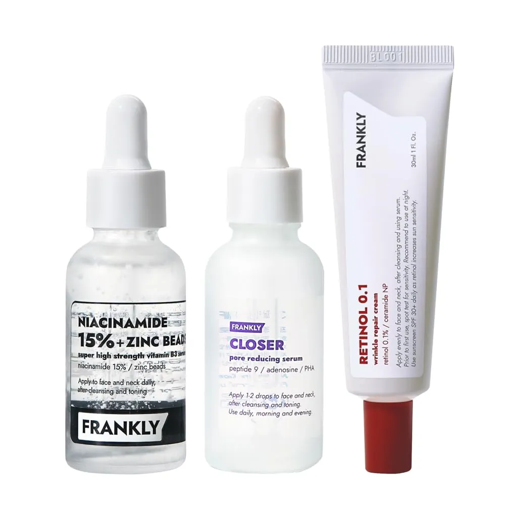 FRANKLY Ultimate Skin Care Trio | 15% Niacinamide Zinc Beads Serum   0.1% Retinol Ceramide Night Cream   Closer Peptide Pore Serum | Oil Control, Anti-Aging, Pore Care | Korean Skincare Set