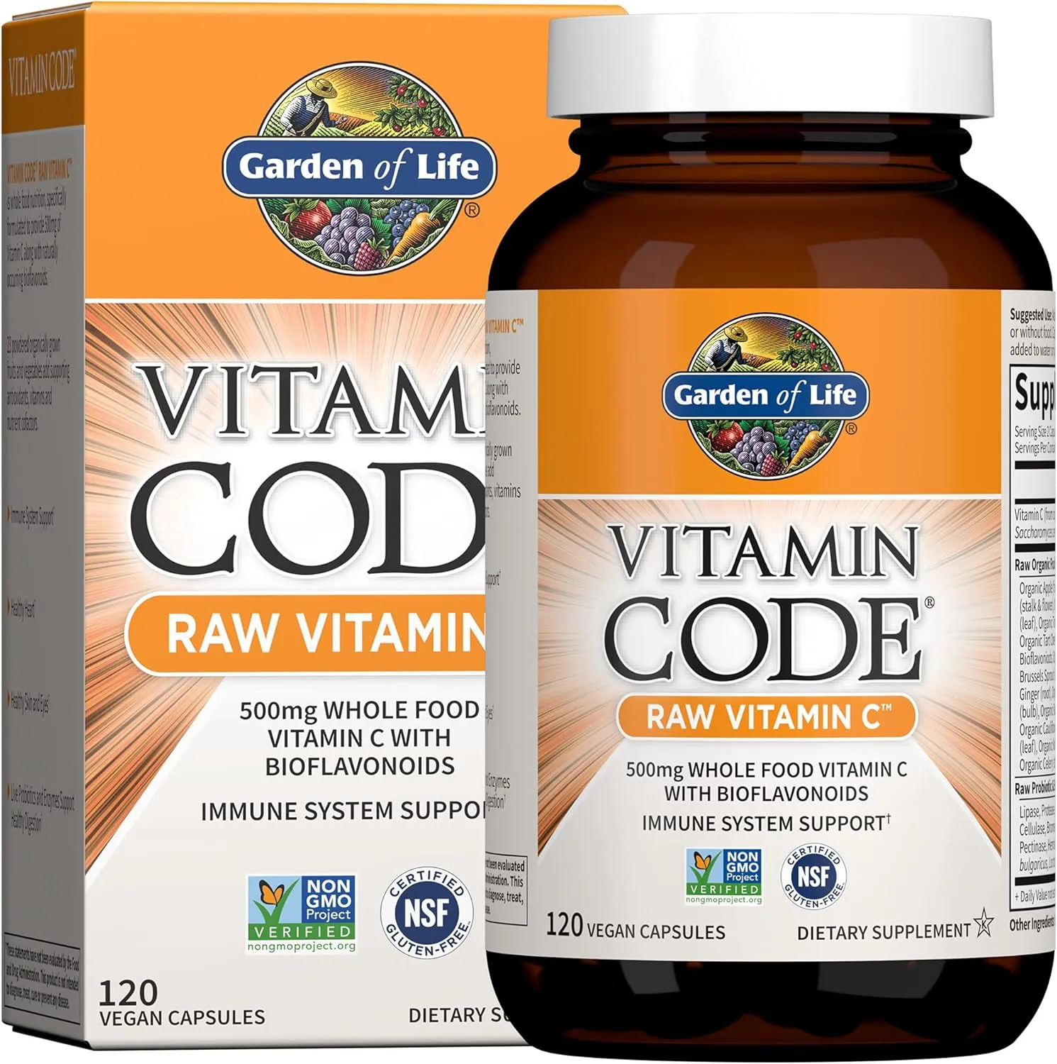 Garden of Life - Vitamin Code Raw VitaminC - 120 Vegan Capsules, 500mg Whole Food VitaminC with Bioflavonoids, Fruits & Veggies, Probiotics, Gluten Free Vitamin-C Supplements for Adults
