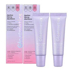 Glossmetics Lychee Berry Lip Glaze - Overnight Lip Mask for Dry Lips. Fruit Butter Lip Mask, Hydrating and Moisturizing Lip Balm for Soft, Smooth Lips. Clear, Pack of 2