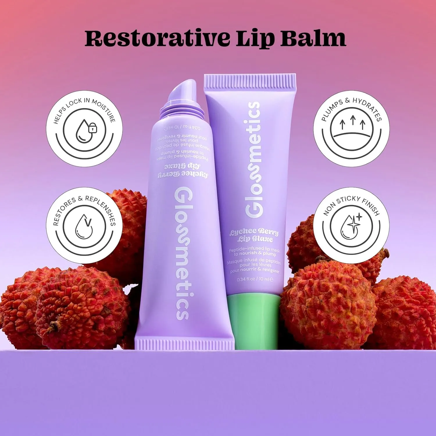 Glossmetics Lychee Berry Lip Glaze - Overnight Lip Mask for Dry Lips. Fruit Butter Lip Mask, Hydrating and Moisturizing Lip Balm for Soft, Smooth Lips. Clear, Pack of 2