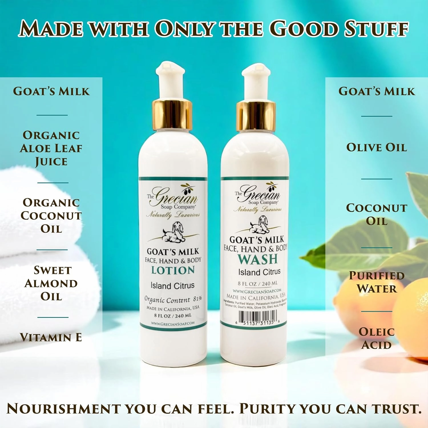 Goat Milk Lotion & Body Wash Set – Island Citrus Scent, 8oz Each – Body Lotion & Face Wash, Moisturizing Skin Care Set for All Skin Types, Hydrating Skincare