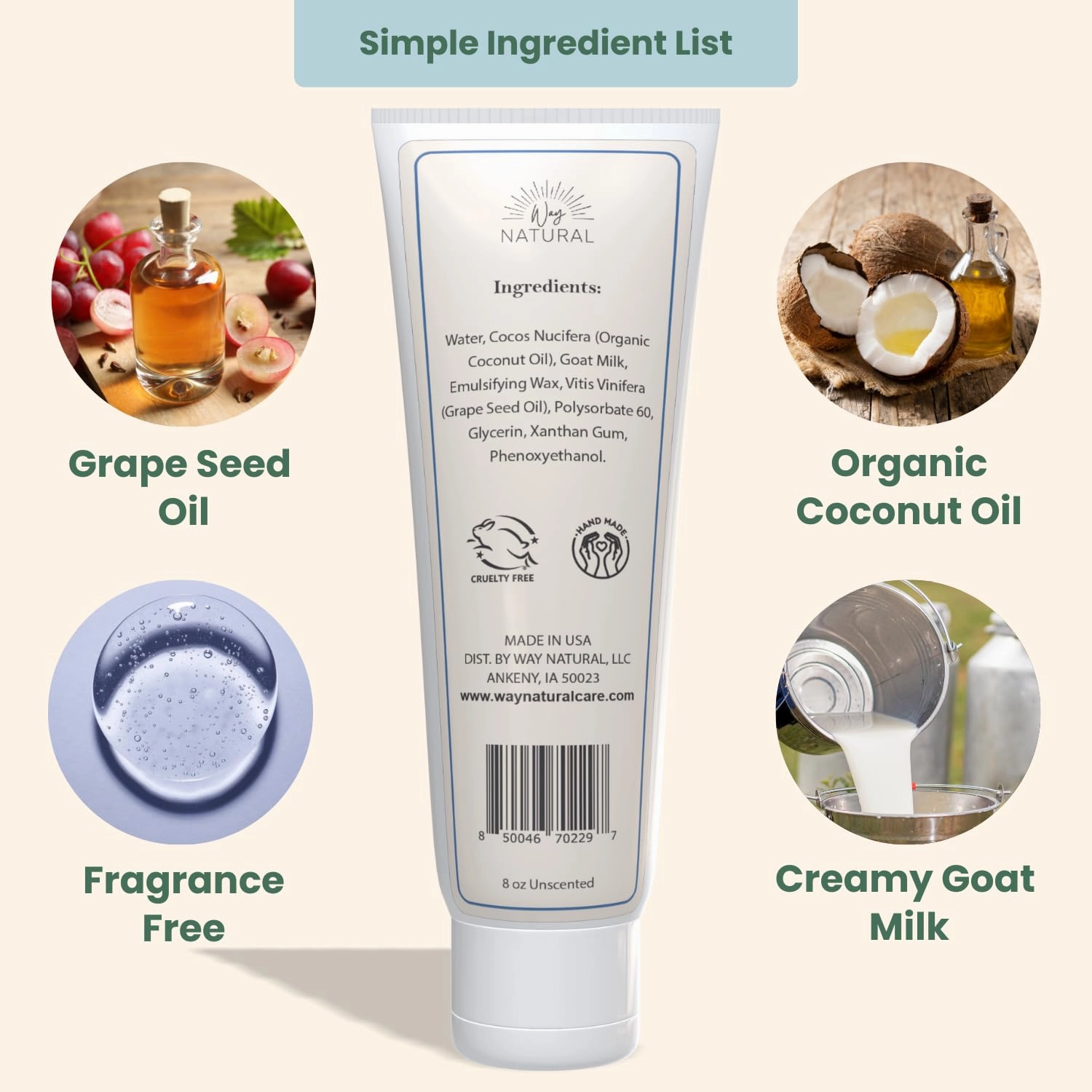 Goat Milk Lotion, Unscented - Home & Away Set, Natural, Body/Hand - Goat Milk Hand Cream for Women and Men - Creamy, Dry Skin Relief - Unscented Lotion - 8oz & 2oz Travel Size Tube