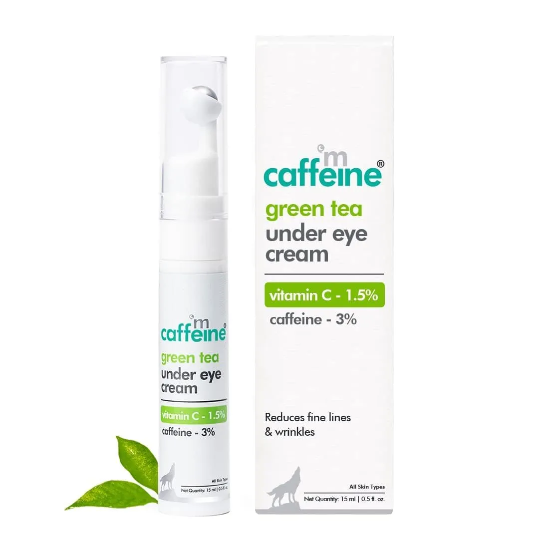 Green Tea Under Eye Cream to Reduce Fine Lines, Wrinkles & Dark Circles | 3% Caffeine, 1.5% Vit C & Peptides to Reduce Puffiness & Refresh Skin | Cooling Gel & Roller for Men & Women - 15 ml