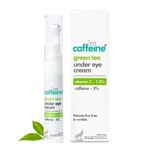 Green Tea Under Eye Cream to Reduce Fine Lines, Wrinkles & Dark Circles | 3% Caffeine, 1.5% Vit C & Peptides to Reduce Puffiness & Refresh Skin | Cooling Gel & Roller for Men & Women - 15 ml