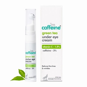 Green Tea Under Eye Cream to Reduce Fine Lines, Wrinkles & Dark Circles | 3% Caffeine, 1.5% Vit C & Peptides to Reduce Puffiness & Refresh Skin | Cooling Gel & Roller for Men & Women - 15 ml