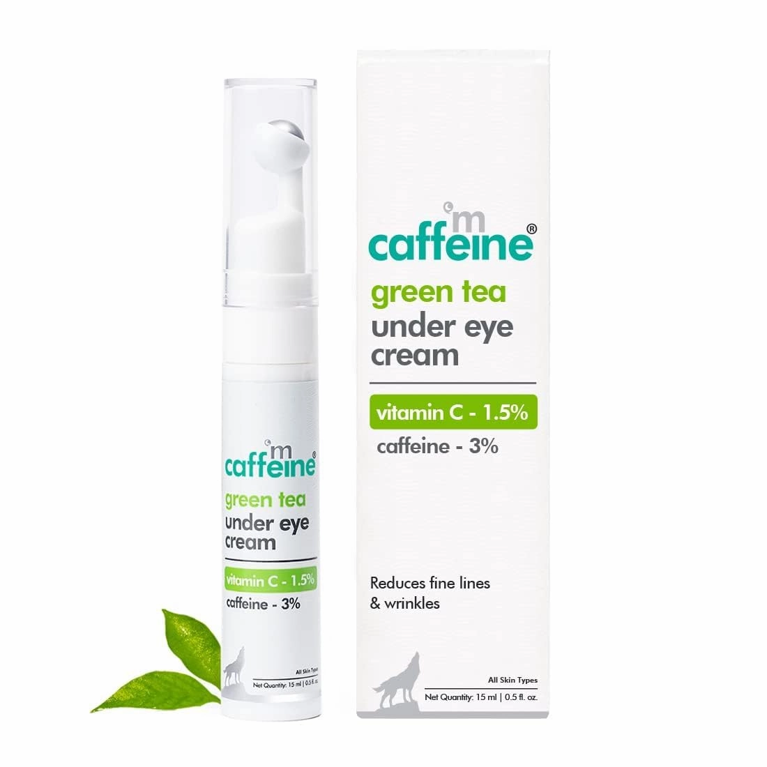 Green Tea Under Eye Cream to Reduce Fine Lines, Wrinkles & Dark Circles | 3% Caffeine, 1.5% Vit C & Peptides to Reduce Puffiness & Refresh Skin | Cooling Gel & Roller for Men & Women - 15 ml