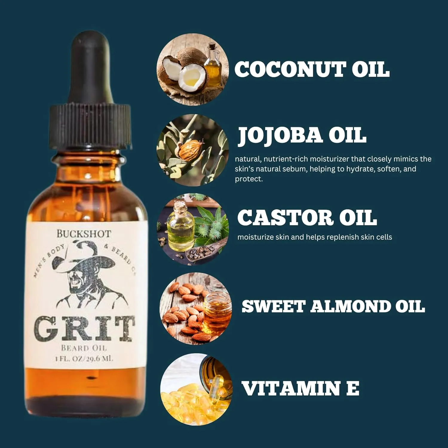 GRIT Buckshot Premium Beard Oil (1 Fl oz) | Coconut Oil, Vitamin E | Beard Oil for Grooming | Hydrating Conditioning Oils | Softens Brittle & Dry Facial Hair |