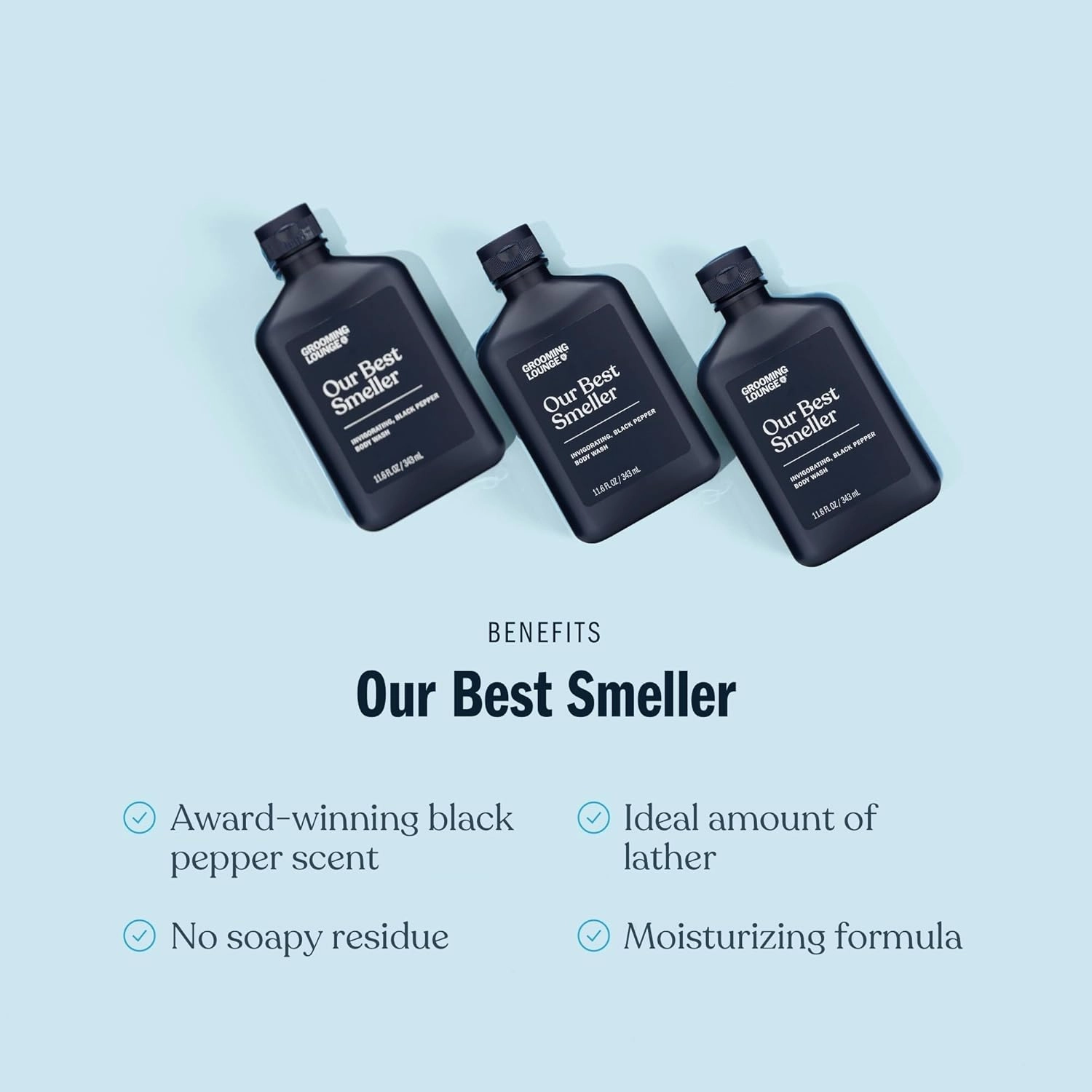 Grooming Lounge Our Best Smeller Body Wash - Moisturizing, Clarifying Travel Shower Scrub - Fresh, Classic, Suave Fragrance of Acai, Aloe Vera, Seaweed, and Black Pepper - Dry Skin Defense - 3 pack