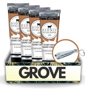 GROVE Goat Milk Creamy Coconut & Oats Scent Hand Cream 1 oz Bundle with Nail Clipper - Nourishing Goat Milk Hand Cream for Hydrated Skin - Revitalizing Goat Milk Cream for Soft Skin - (5 Items)