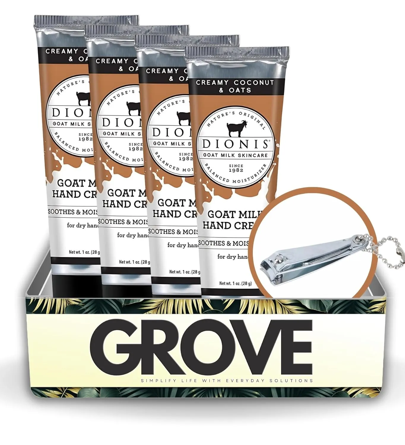 GROVE Goat Milk Creamy Coconut & Oats Scent Hand Cream 1 oz Bundle with Nail Clipper - Nourishing Goat Milk Hand Cream for Hydrated Skin - Revitalizing Goat Milk Cream for Soft Skin - (5 Items)
