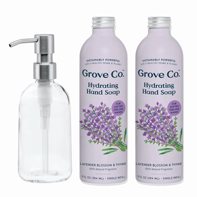 Grove Co. Hydrating Gel Hand Soap Refills (2 x 13 Fl Oz)   1 x Reuseable Glass Soap Dispenser, Plastic-Free & Liquid Refillable Starter Kit, Natural Lavender Blossom & Thyme Fragrance