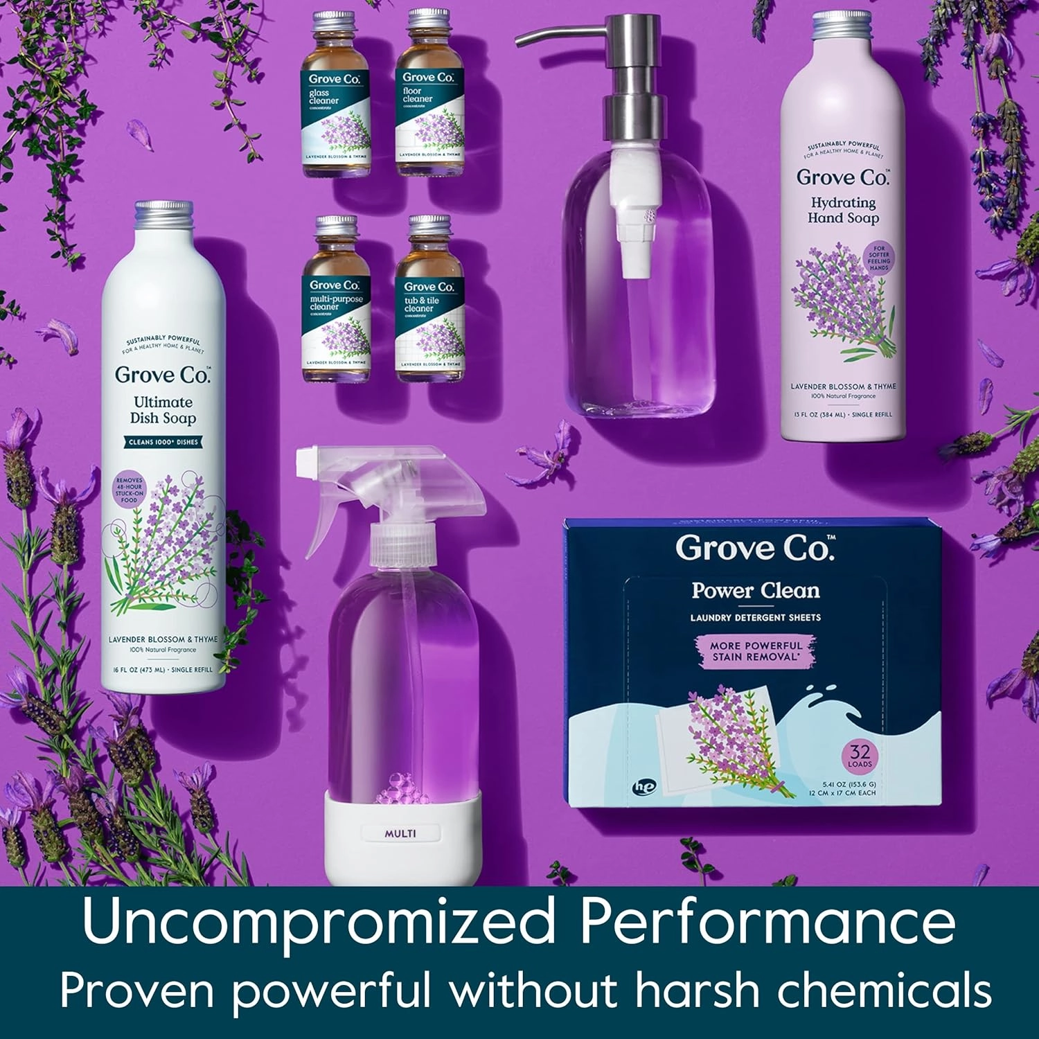 Grove Co. Hydrating Gel Hand Soap Refills (2 x 13 Fl Oz)   1 x Reuseable Glass Soap Dispenser, Plastic-Free & Liquid Refillable Starter Kit, Natural Lavender Blossom & Thyme Fragrance