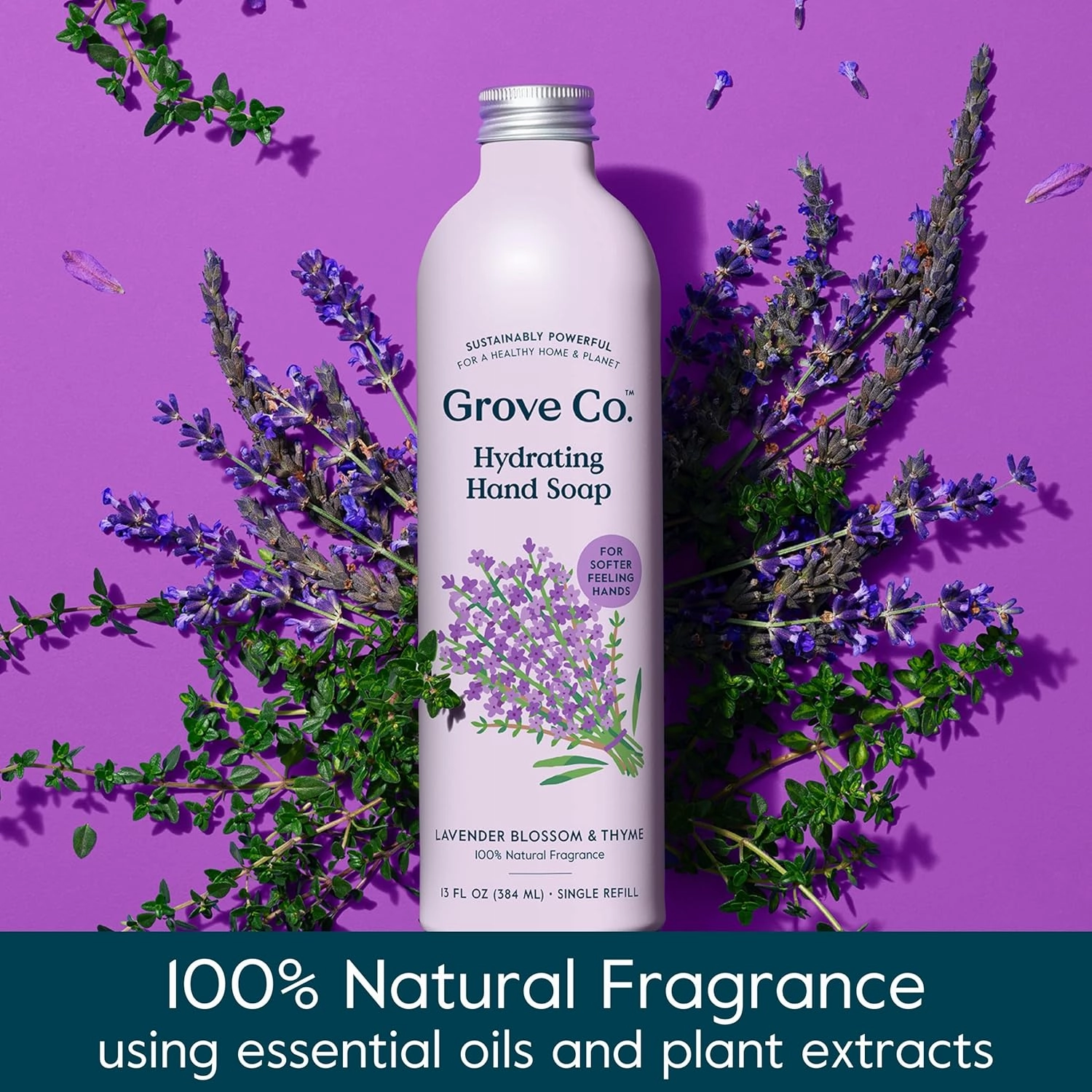 Grove Co. Hydrating Gel Hand Soap Refills (2 x 13 Fl Oz)   1 x Reuseable Glass Soap Dispenser, Plastic-Free & Liquid Refillable Starter Kit, Natural Lavender Blossom & Thyme Fragrance