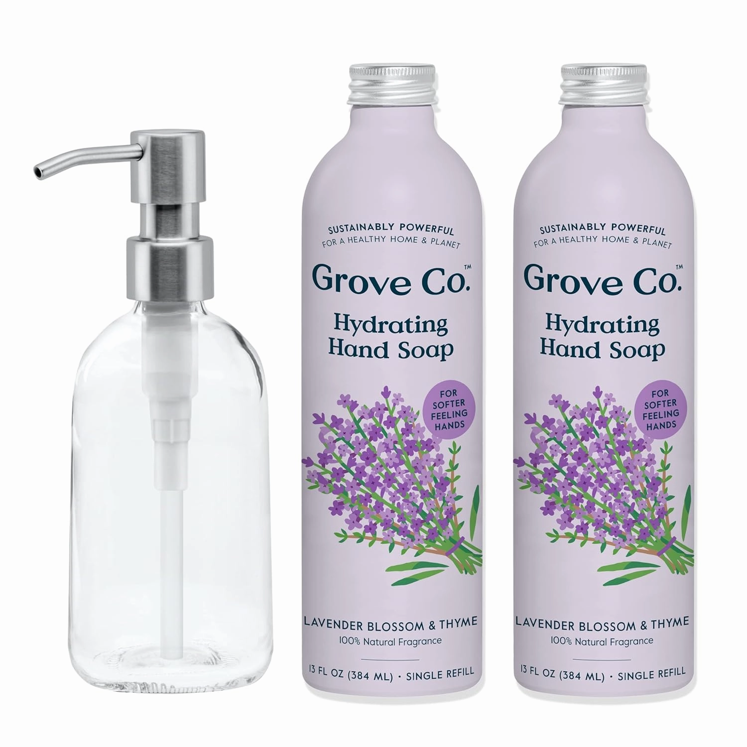 Grove Co. Hydrating Gel Hand Soap Refills (2 x 13 Fl Oz)   1 x Reuseable Glass Soap Dispenser, Plastic-Free & Liquid Refillable Starter Kit, Natural Lavender Blossom & Thyme Fragrance