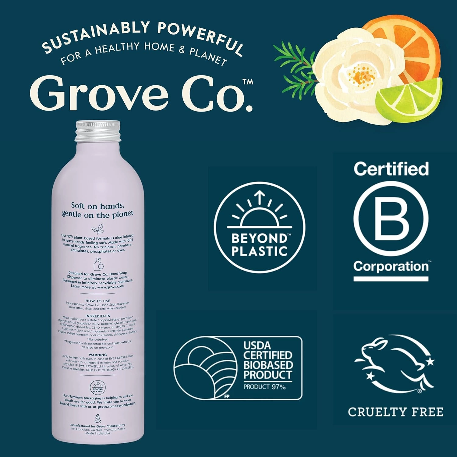 Grove Co. Hydrating Gel Hand Soap Refills (2 x 13 Fl Oz)   1 x Reuseable Glass Soap Dispenser, Plastic-Free & Liquid Refillable Starter Kit, Natural Lavender Blossom & Thyme Fragrance