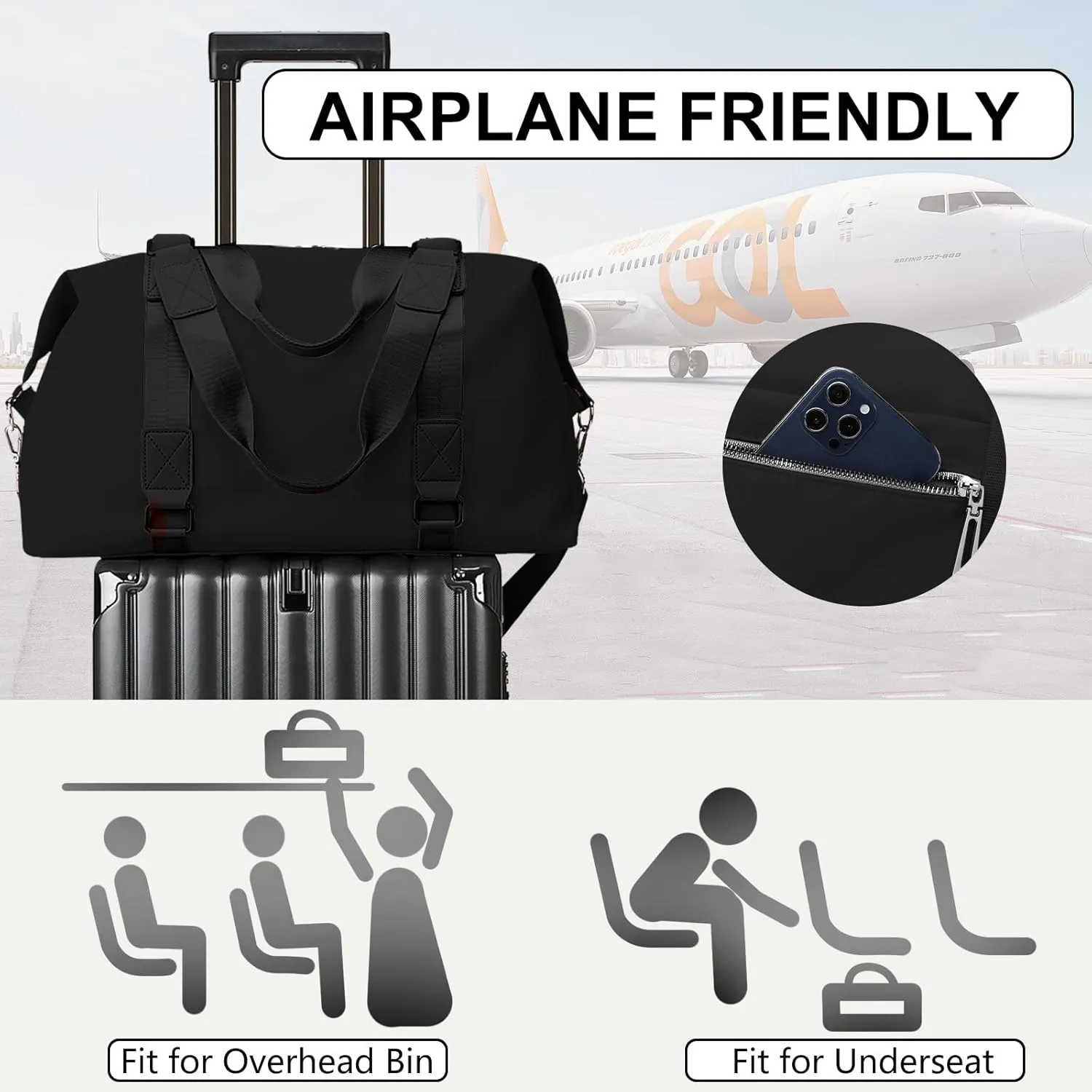 Gym Bag for Women Weekender Carry on Bags Dance Yoga Tote Travel Duffle Personal Item Bag with Wet Pocket Toiletry MakeupBag for Men Sport Trips Hospital Black