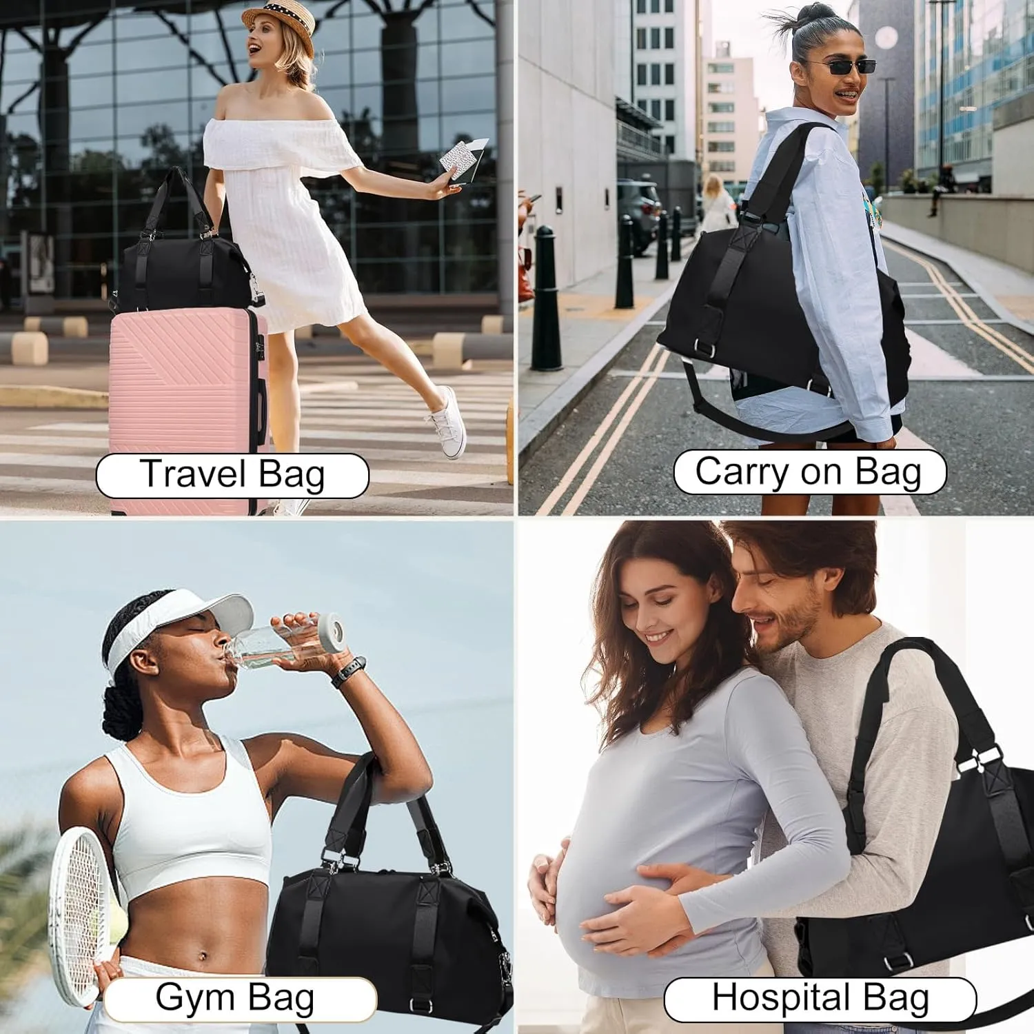 Gym Bag for Women Weekender Carry on Bags Dance Yoga Tote Travel Duffle Personal Item Bag with Wet Pocket Toiletry MakeupBag for Men Sport Trips Hospital Black