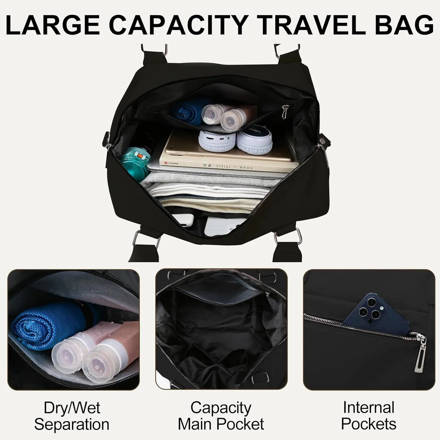Gym Bag for Women Weekender Carry on Bags Dance Yoga Tote Travel Duffle Personal Item Bag with Wet Pocket Toiletry MakeupBag for Men Sport Trips Hospital Black