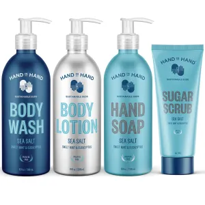 Hand in Hand Body Wash, Body Lotion, Liquid Hand Soap, and Sugar Scrub Combo Pack, Sweet Mint & Eucalyptus, Sea Salt Scent