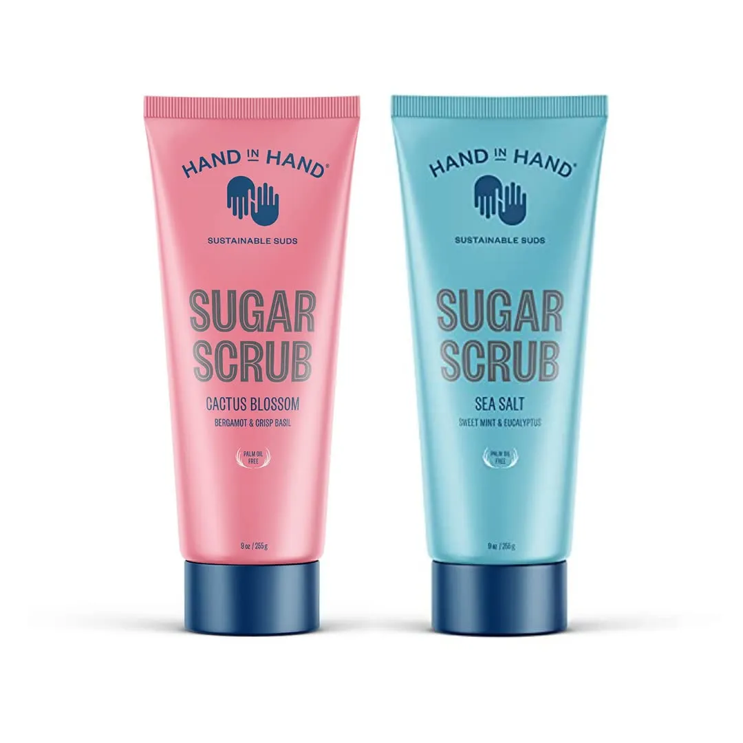 Hand in Hand Sugar Scrub Bundle, Gentle Exfoliation For All Skin Types, Cactus Blossom Scent (9 oz. Single) and Sea Salt Scent (9 oz. Single)