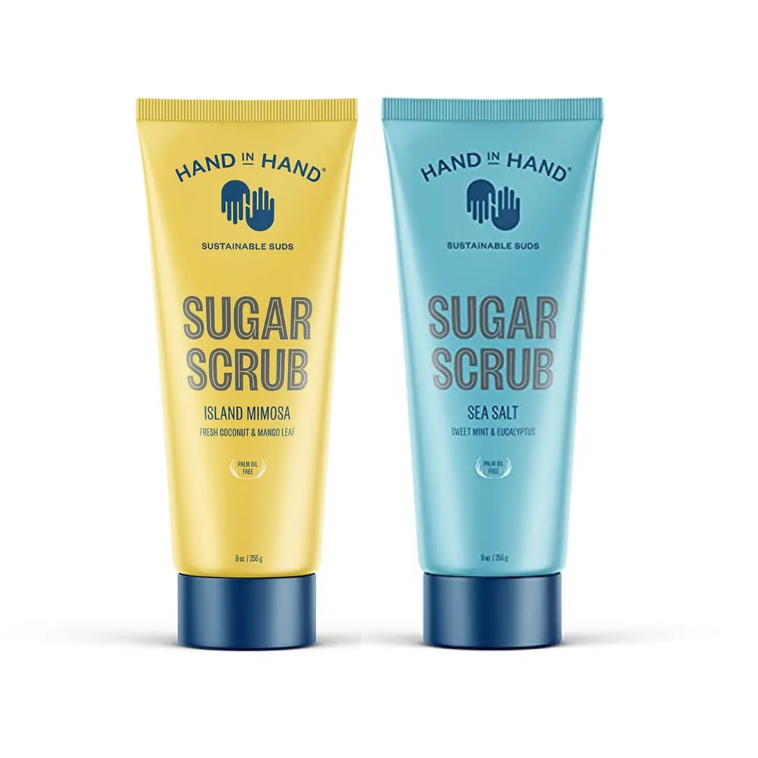 Hand in Hand Sugar Scrub Bundle, Gentle Exfoliation For All Skin Types, Island Mimosa Scent (9 oz. Single) and Sea Salt Scent (9 oz. Single)