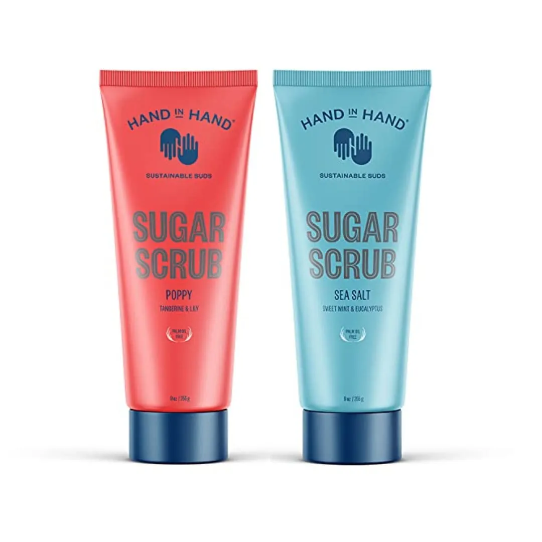 Hand in Hand Sugar Scrub Bundle, Gentle Exfoliation For All Skin Types, Sea Salt Scent (9 oz. Single) and Poppy Scent (9 oz. Single)