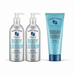 Hand in Hand Moisturizing Bundle, Body Lotion 10 FL Oz. (2 Pack), with Sugar Scrub 9 Oz. (Single), Sea Salt Scent