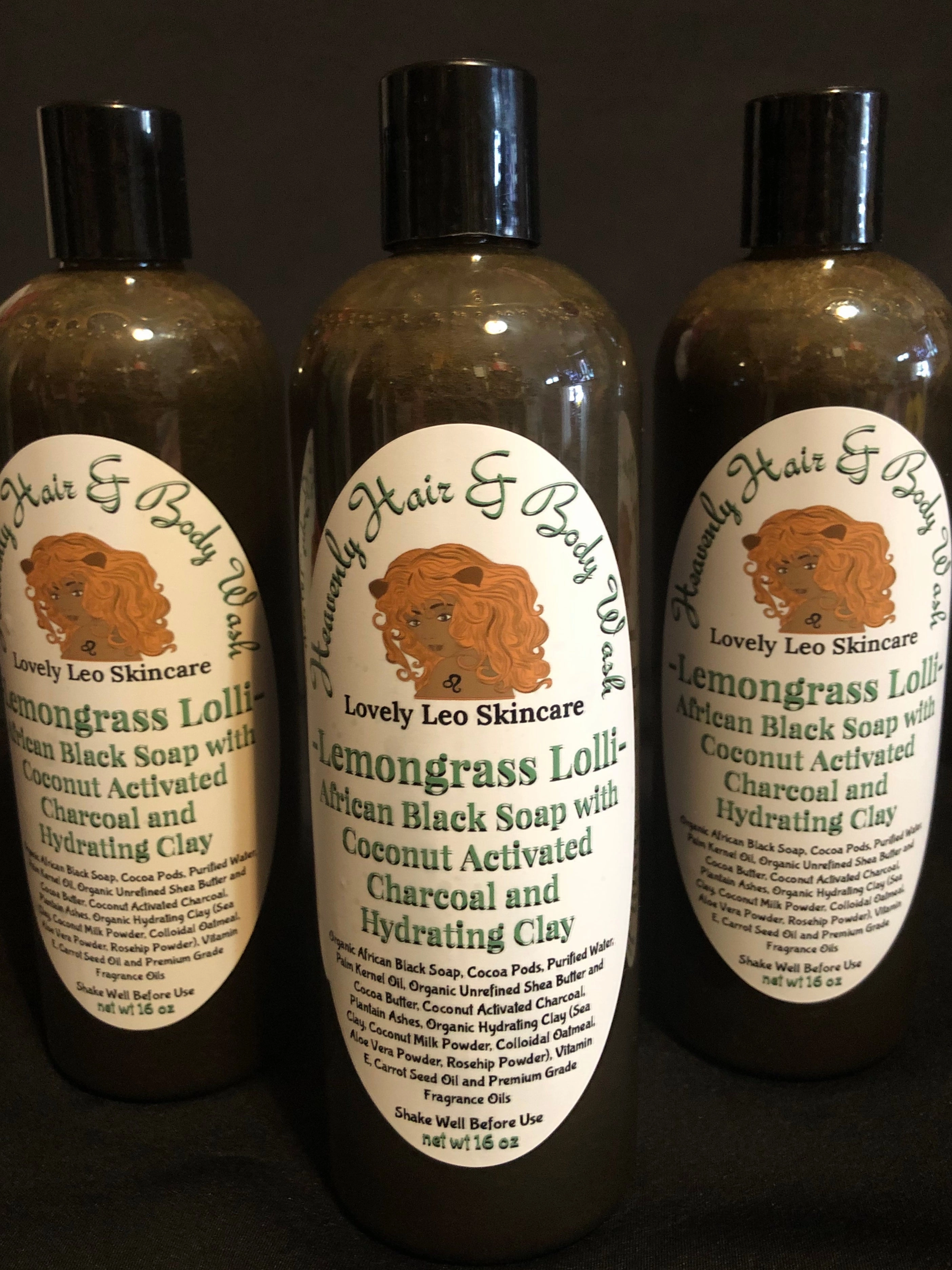 Heavenly African Black Soap Hair, Face & Body Wash with Coconut Activated Charcoal and Hydration Clay