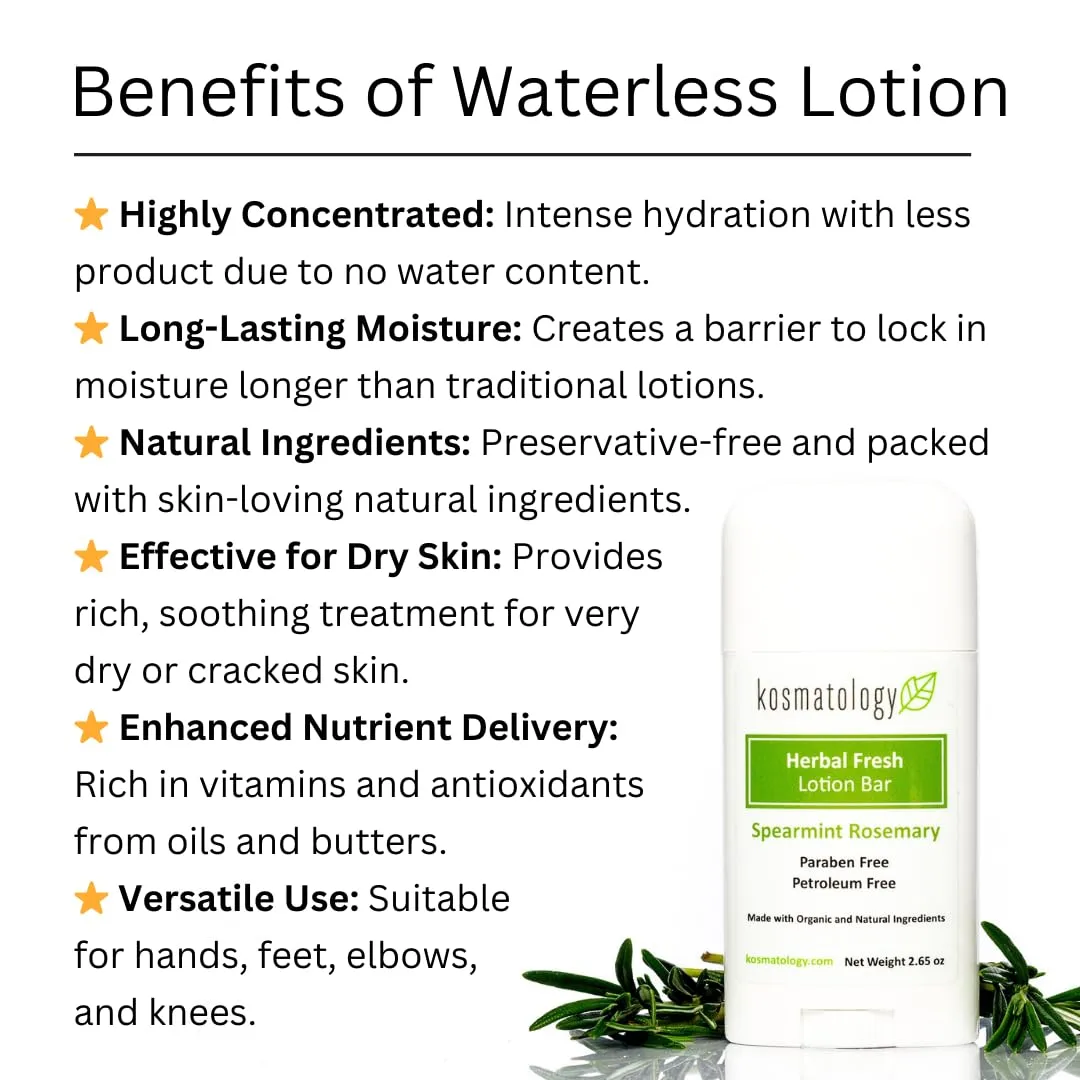 Herbal Fresh (Spearmint-Rosemary) Organic Moisturizing Lotion Bar | Vegan and Cruelty-Free | Mess-Free Moisturizer